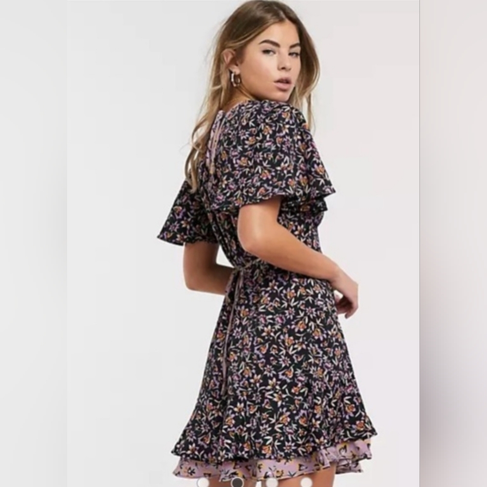 Band Of Gypsies Floral Tiered Dress Large Exposed Back Lilac Black